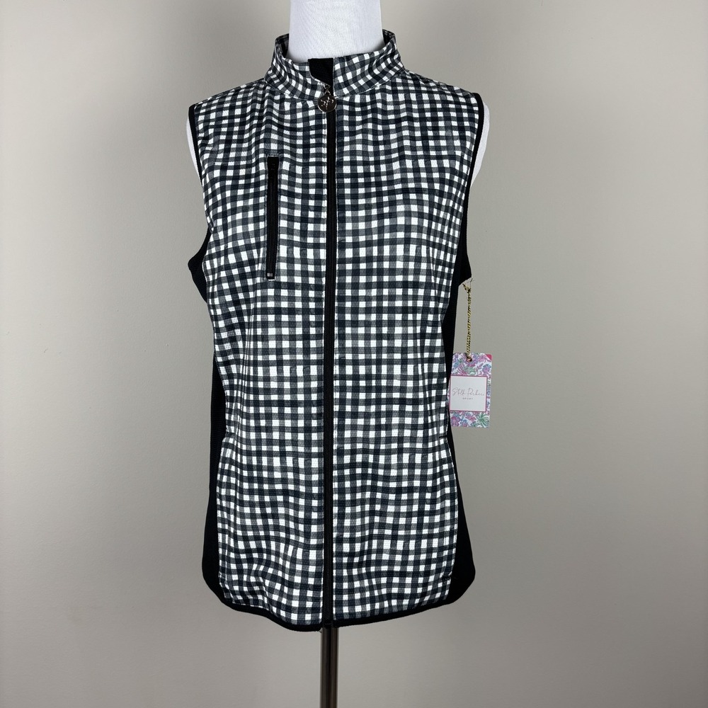 Stella Parker Vest Women XS Black White Gingham Full Zip Stretch Mock‎ Neck UPF